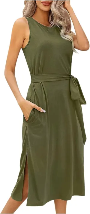 Womens Dress Sleeveless Round Neck Backless Midi Skirt Casual Pleated Belt with Pockets Dresses Working Vacation