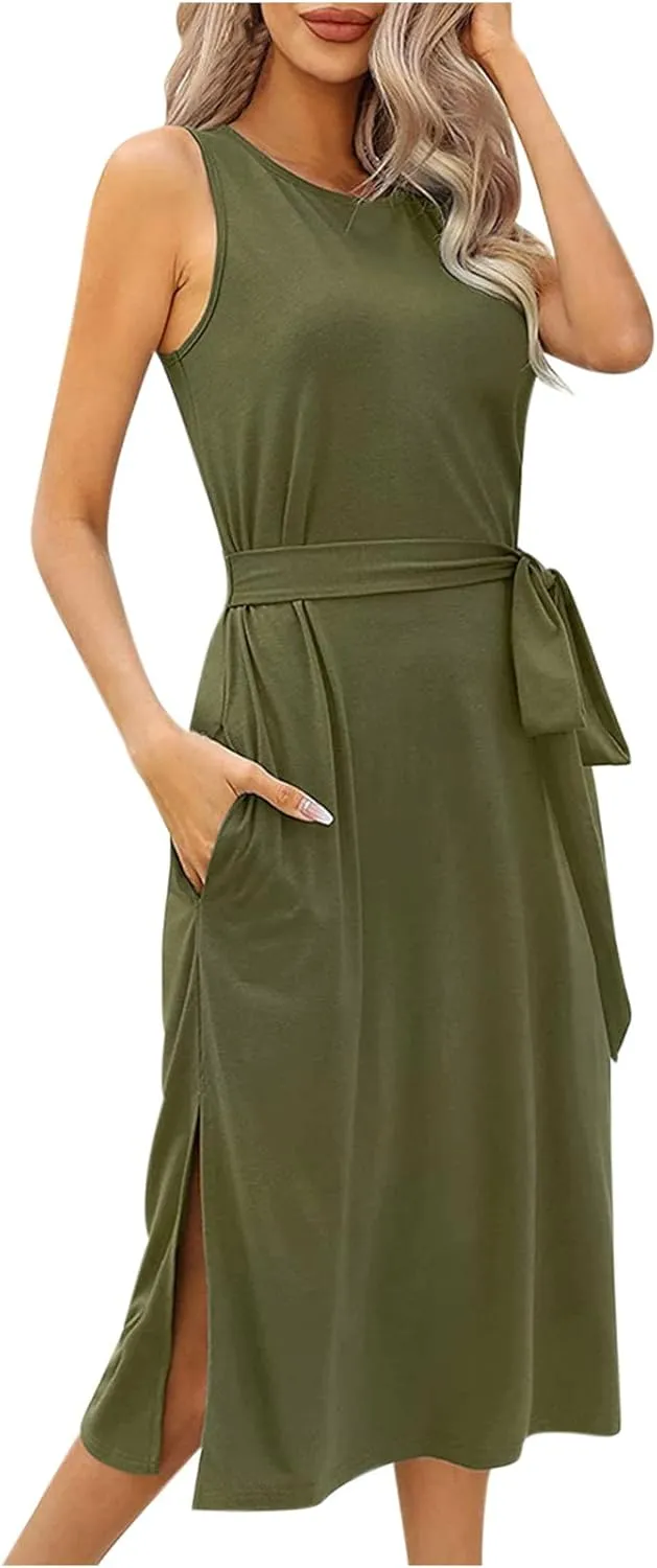 Womens Dress Sleeveless Round Neck Backless Midi Skirt Casual Pleated Belt with Pockets Dresses Working Vacation