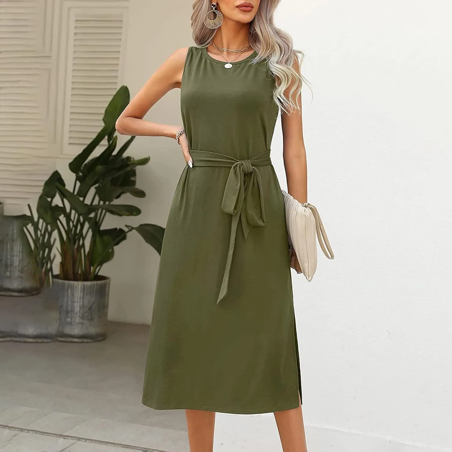 Womens Dress Sleeveless Round Neck Backless Midi Skirt Casual Pleated Belt with Pockets Dresses Working Vacation