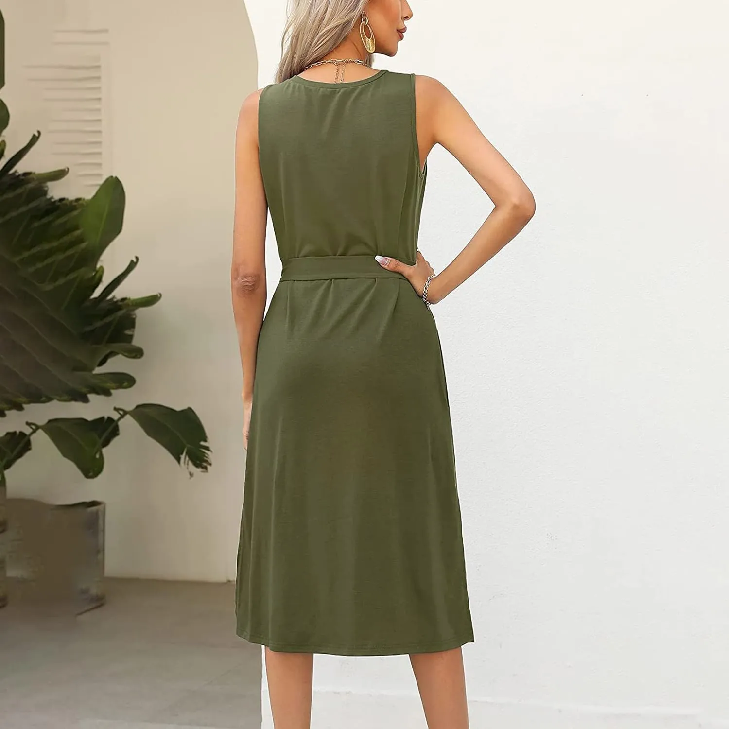 Womens Dress Sleeveless Round Neck Backless Midi Skirt Casual Pleated Belt with Pockets Dresses Working Vacation