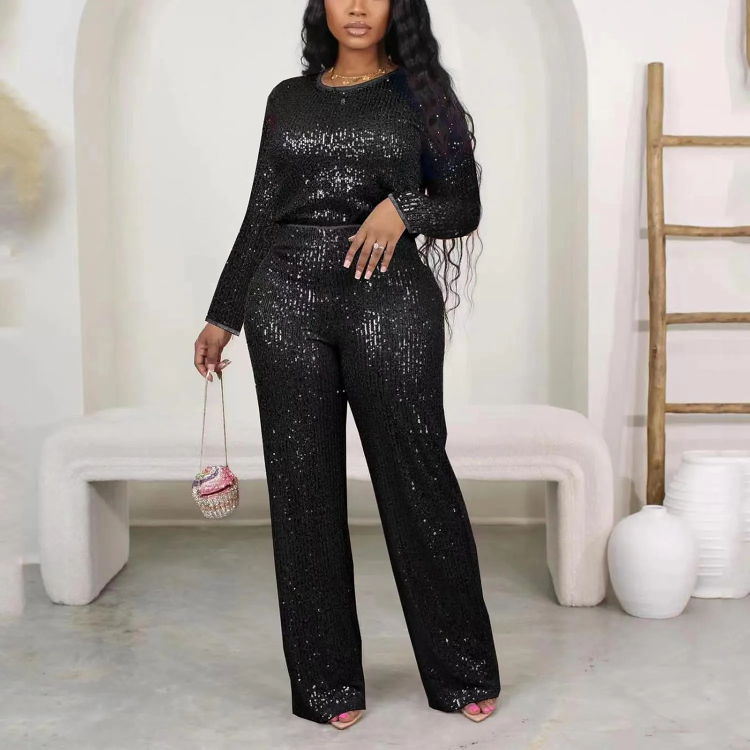 Women's Evening Sparkly 2 Piece Outfit Long Sleeve Party Sequins Tops and High Waisted Wide Leg Pants Suit