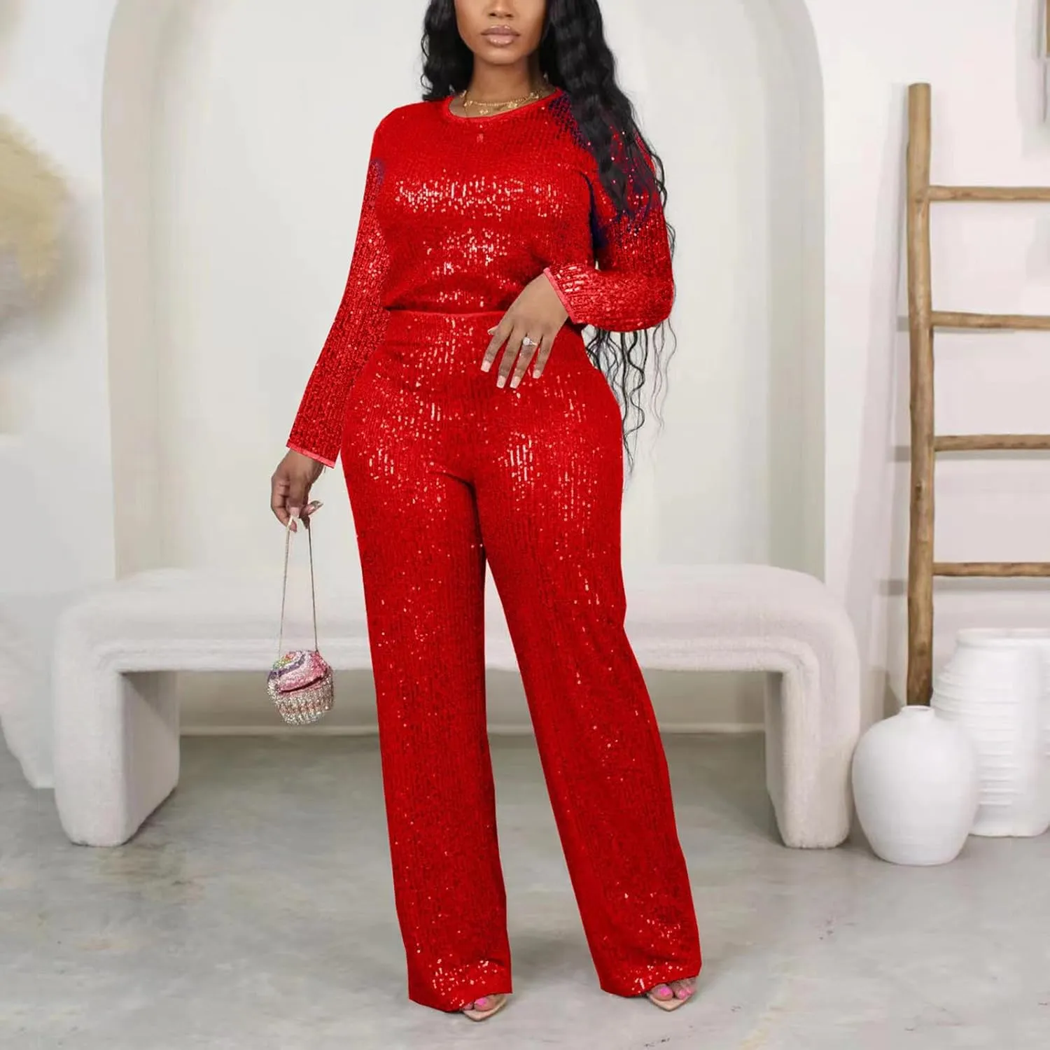 Women's Evening Sparkly 2 Piece Outfit Long Sleeve Party Sequins Tops and High Waisted Wide Leg Pants Suit