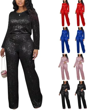 Women's Evening Sparkly 2 Piece Outfit Long Sleeve Party Sequins Tops and High Waisted Wide Leg Pants Suit