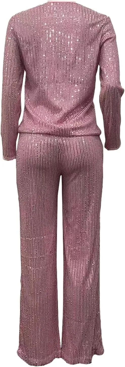 Women's Evening Sparkly 2 Piece Outfit Long Sleeve Party Sequins Tops and High Waisted Wide Leg Pants Suit