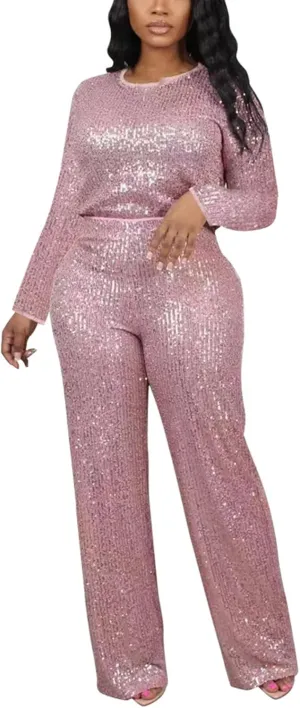 Women's Evening Sparkly 2 Piece Outfit Long Sleeve Party Sequins Tops and High Waisted Wide Leg Pants Suit