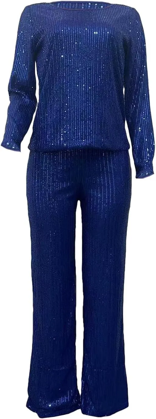 Women's Evening Sparkly 2 Piece Outfit Long Sleeve Party Sequins Tops and High Waisted Wide Leg Pants Suit