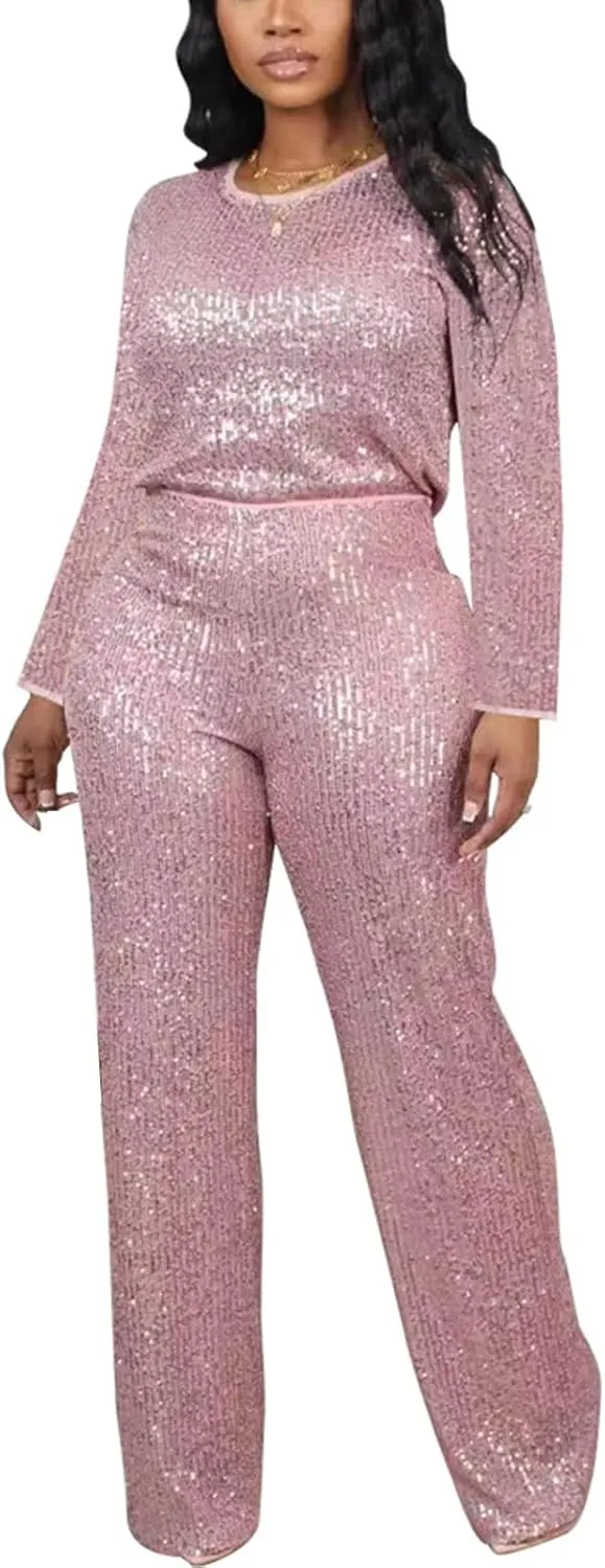 Women's Evening Sparkly 2 Piece Outfit Long Sleeve Party Sequins Tops and High Waisted Wide Leg Pants Suit