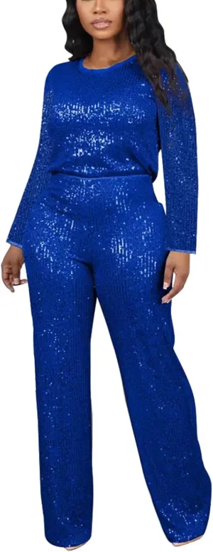 Women's Evening Sparkly 2 Piece Outfit Long Sleeve Party Sequins Tops and High Waisted Wide Leg Pants Suit
