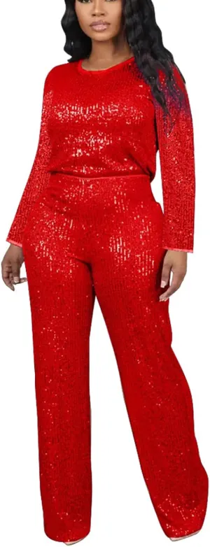 Women's Evening Sparkly 2 Piece Outfit Long Sleeve Party Sequins Tops and High Waisted Wide Leg Pants Suit