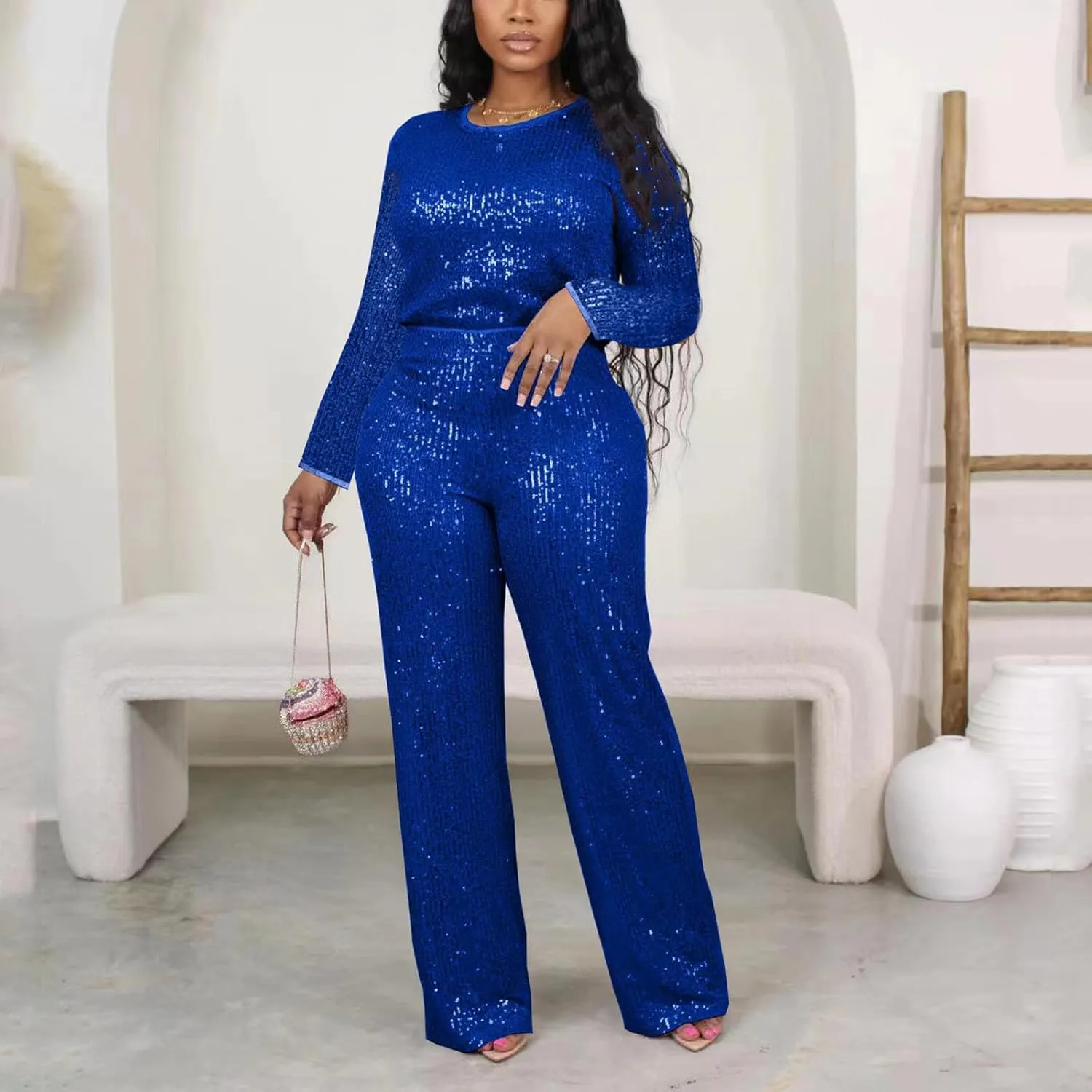 Women's Evening Sparkly 2 Piece Outfit Long Sleeve Party Sequins Tops and High Waisted Wide Leg Pants Suit