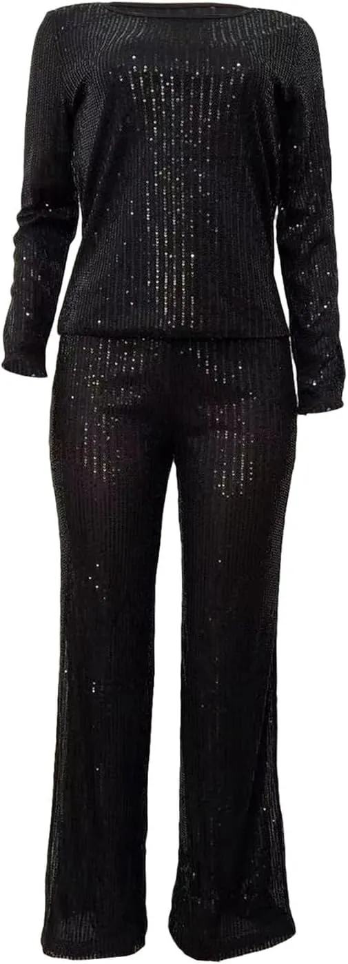 Women's Evening Sparkly 2 Piece Outfit Long Sleeve Party Sequins Tops and High Waisted Wide Leg Pants Suit