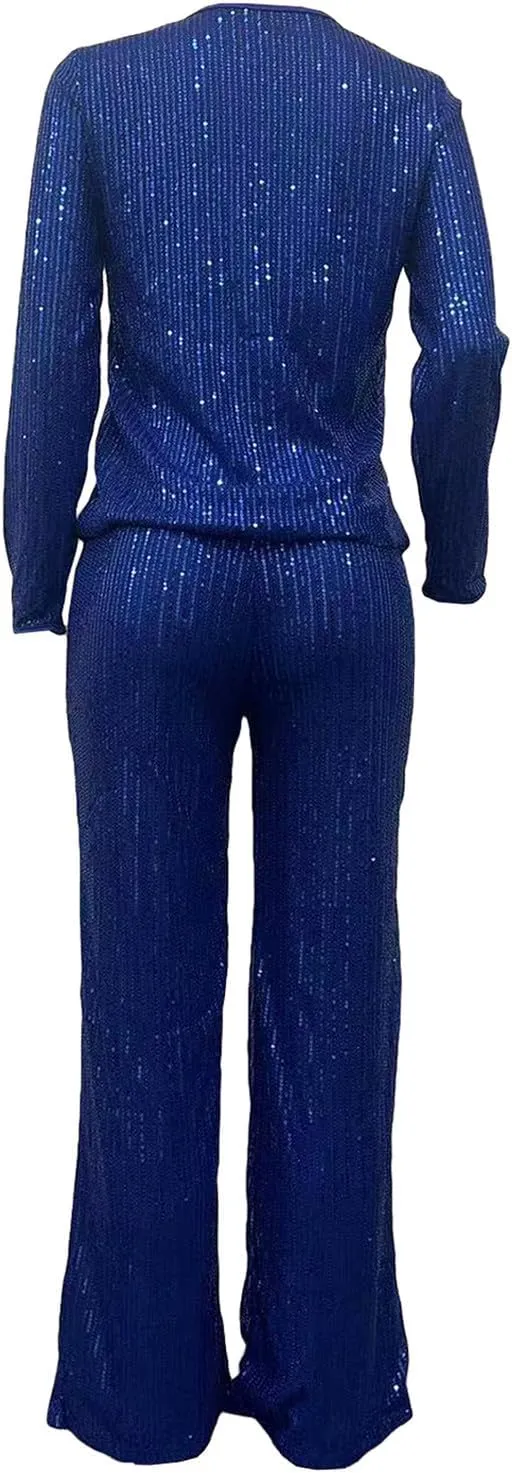 Women's Evening Sparkly 2 Piece Outfit Long Sleeve Party Sequins Tops and High Waisted Wide Leg Pants Suit