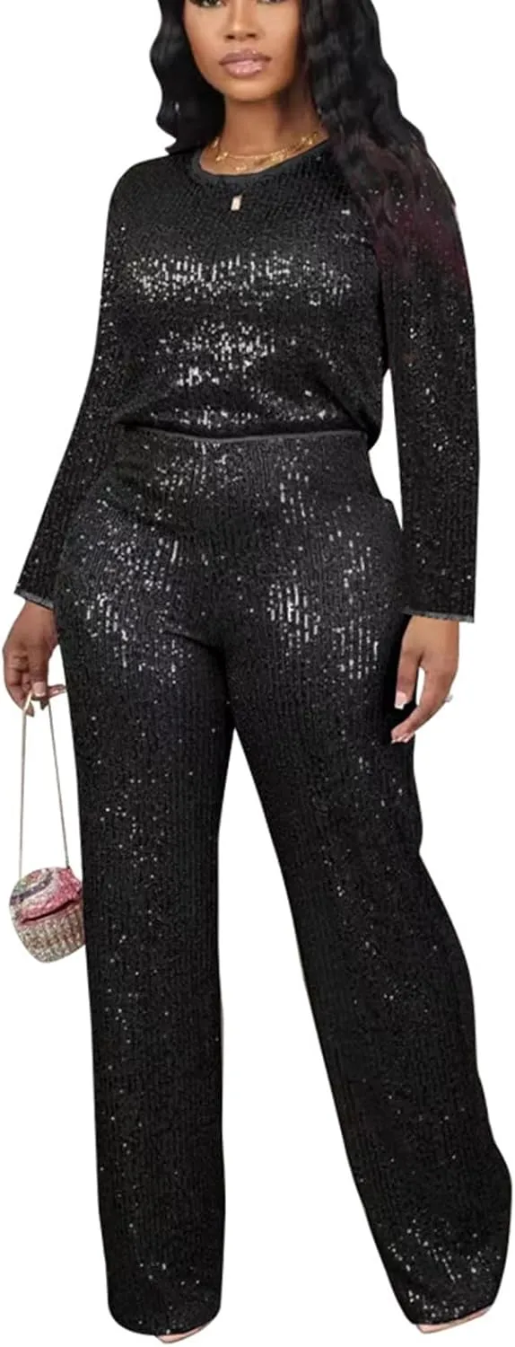 Women's Evening Sparkly 2 Piece Outfit Long Sleeve Party Sequins Tops and High Waisted Wide Leg Pants Suit