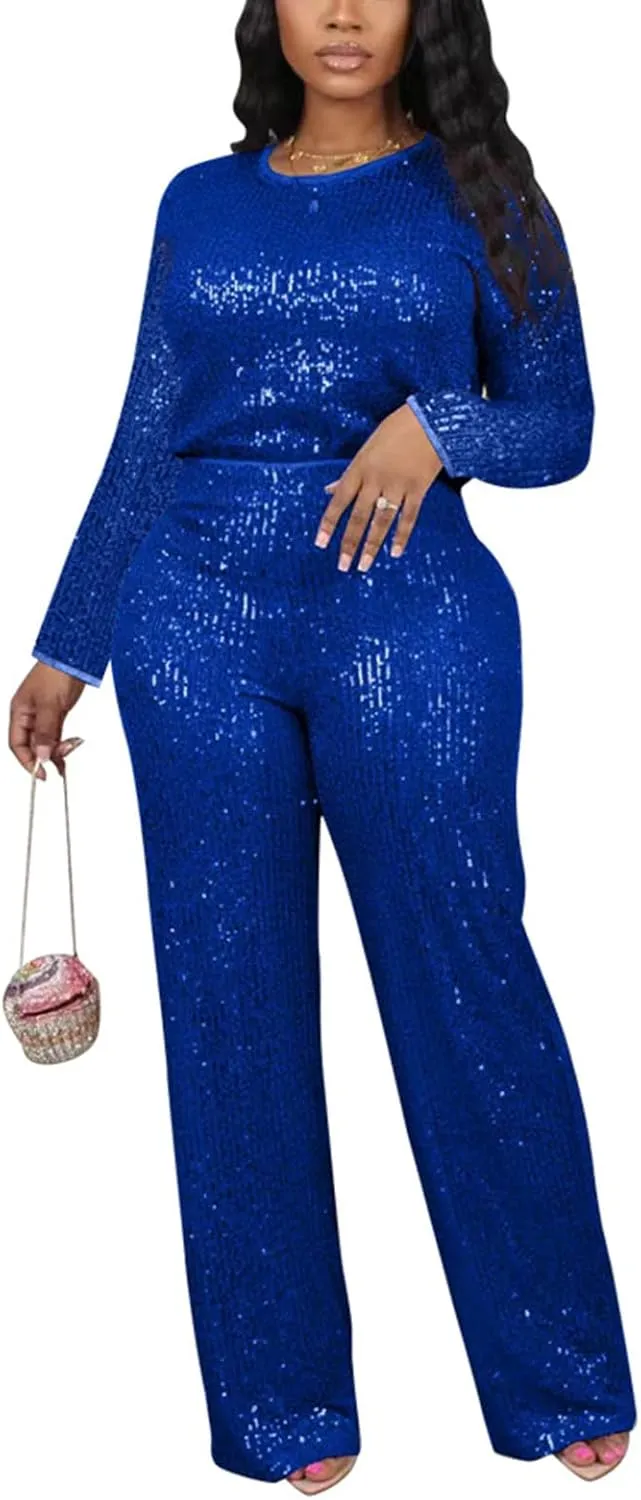 Women's Evening Sparkly 2 Piece Outfit Long Sleeve Party Sequins Tops and High Waisted Wide Leg Pants Suit