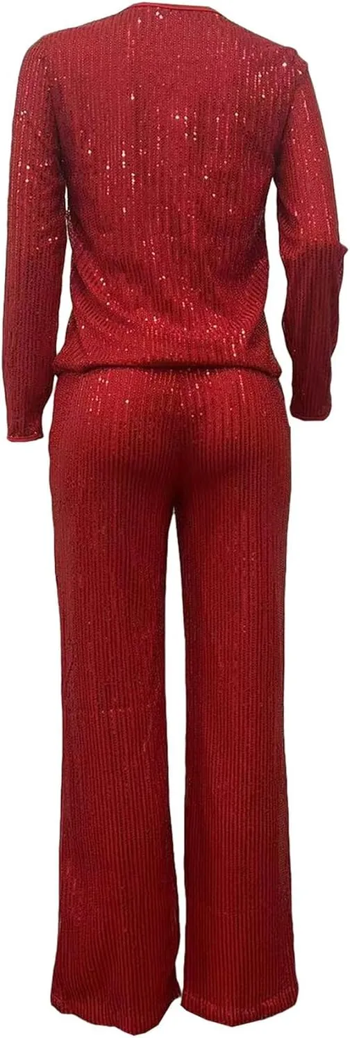 Women's Evening Sparkly 2 Piece Outfit Long Sleeve Party Sequins Tops and High Waisted Wide Leg Pants Suit