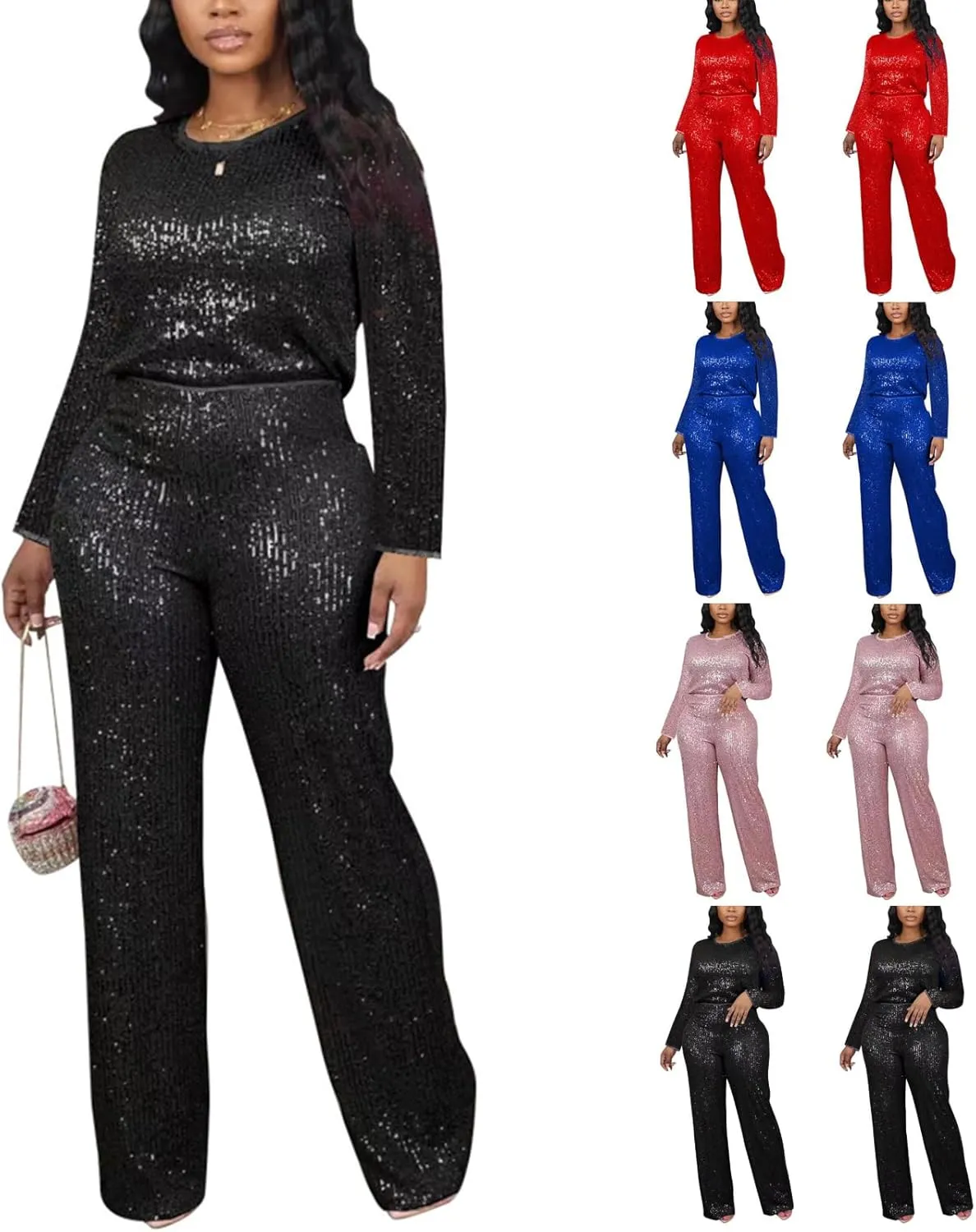 Women's Evening Sparkly 2 Piece Outfit Long Sleeve Party Sequins Tops and High Waisted Wide Leg Pants Suit