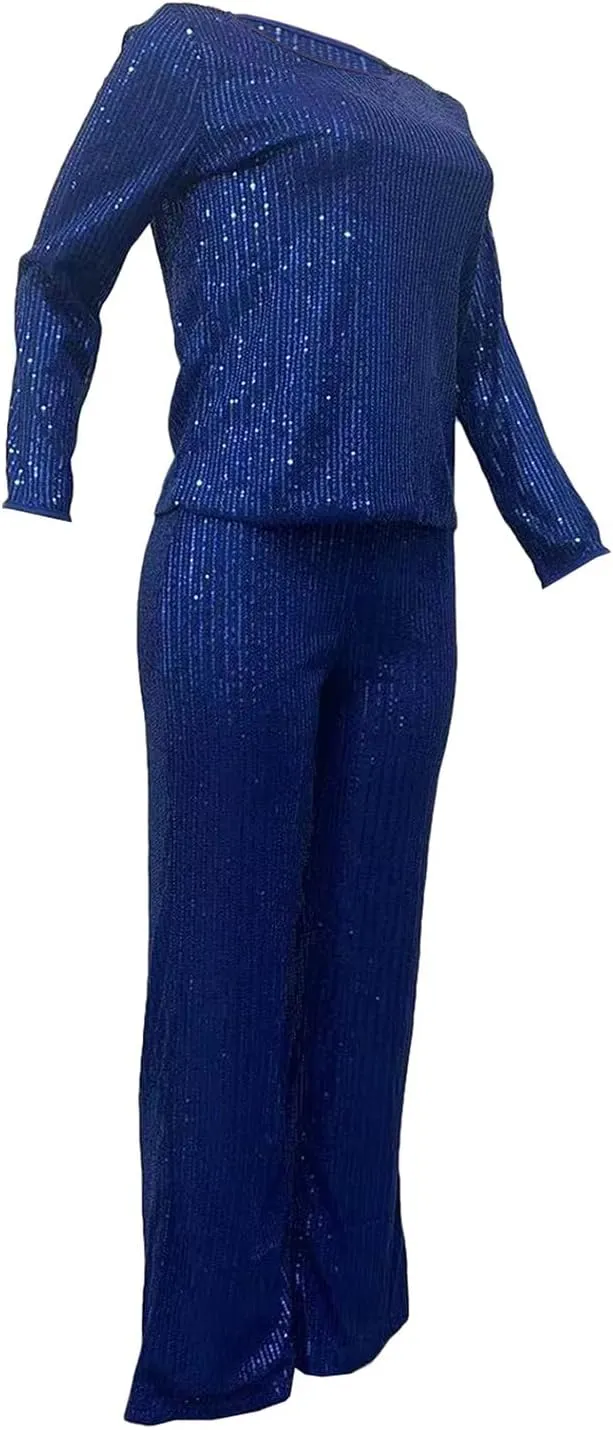 Women's Evening Sparkly 2 Piece Outfit Long Sleeve Party Sequins Tops and High Waisted Wide Leg Pants Suit