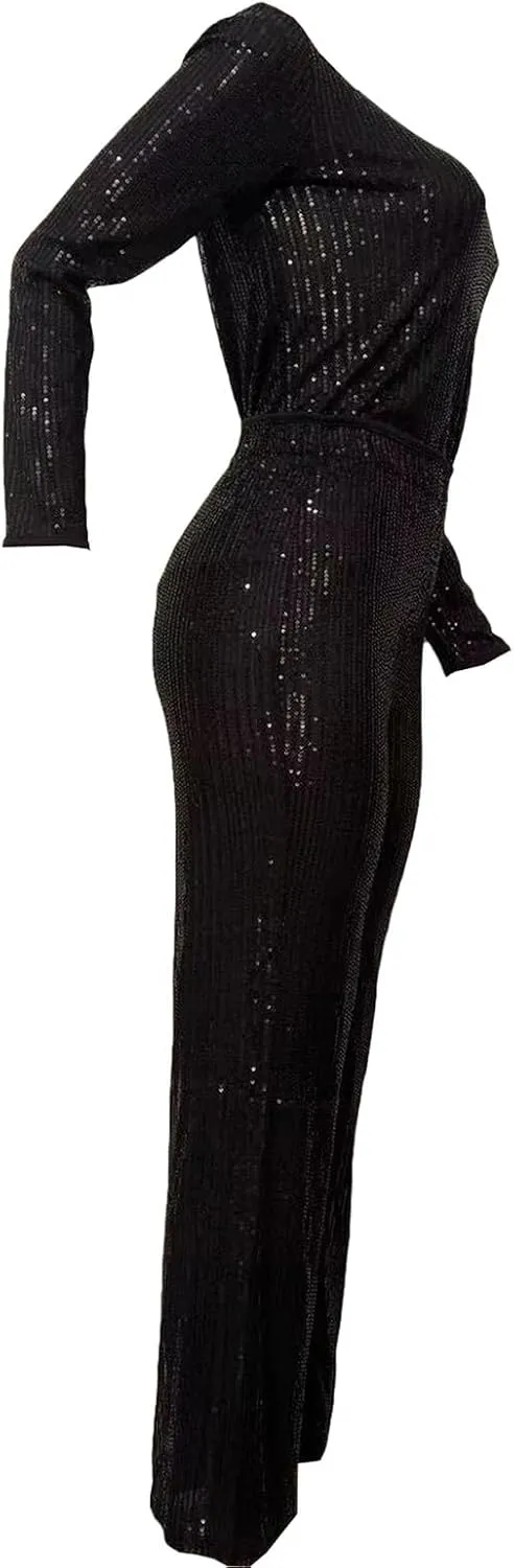 Women's Evening Sparkly 2 Piece Outfit Long Sleeve Party Sequins Tops and High Waisted Wide Leg Pants Suit