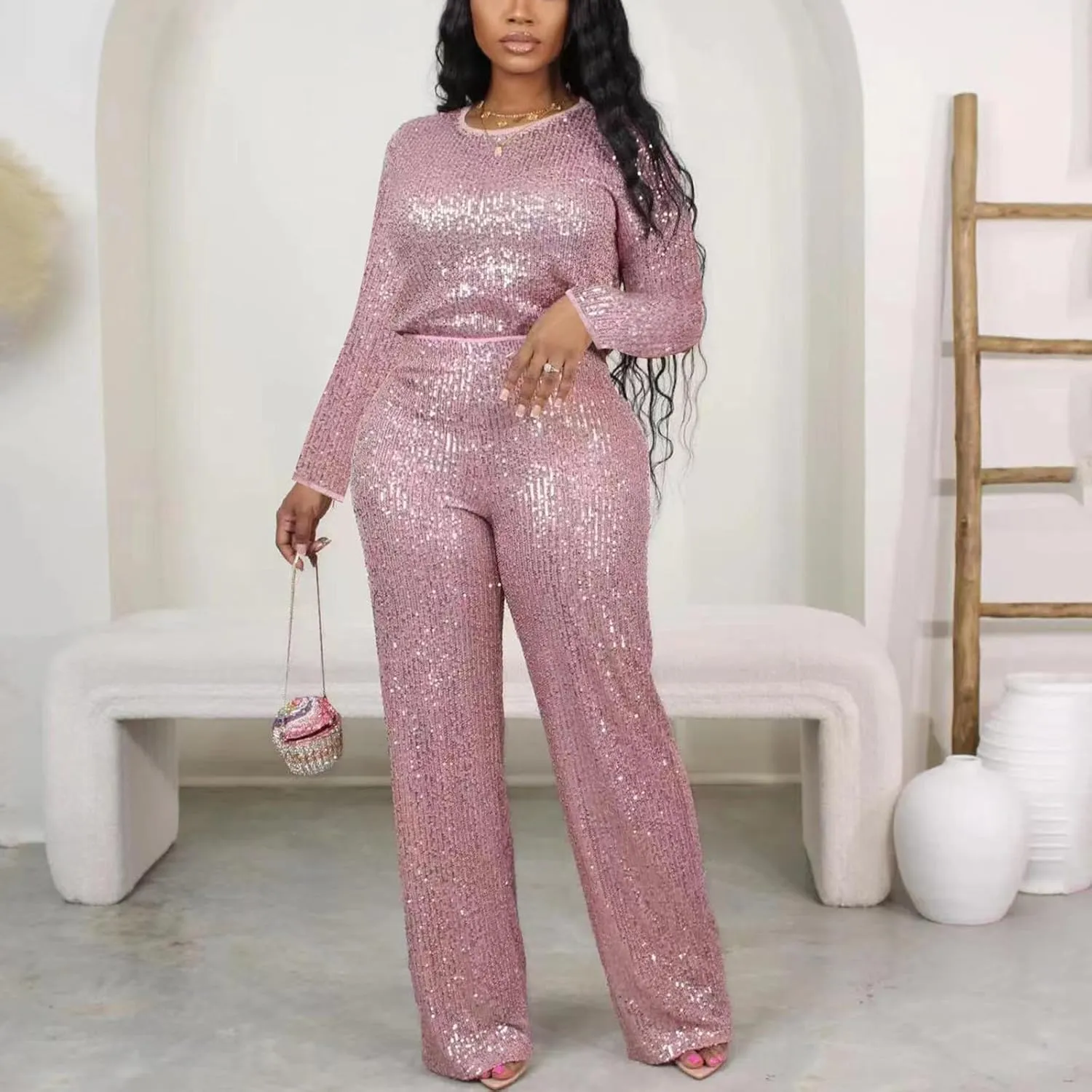 Women's Evening Sparkly 2 Piece Outfit Long Sleeve Party Sequins Tops and High Waisted Wide Leg Pants Suit