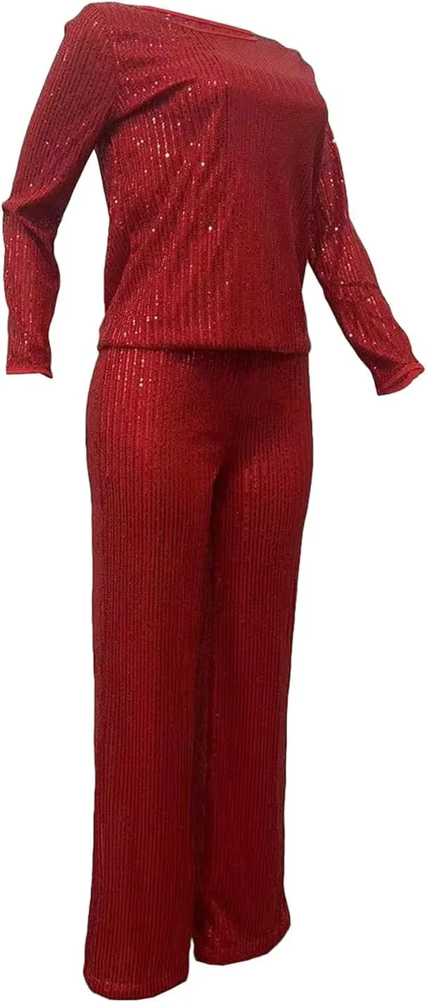 Women's Evening Sparkly 2 Piece Outfit Long Sleeve Party Sequins Tops and High Waisted Wide Leg Pants Suit