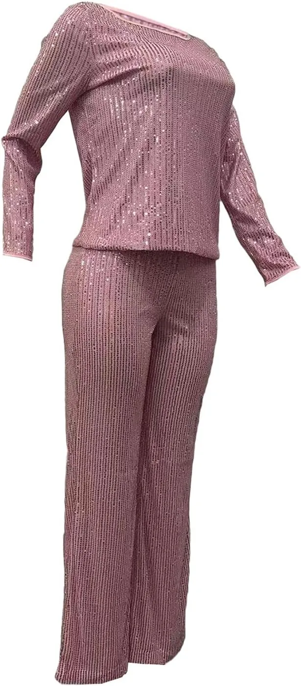 Women's Evening Sparkly 2 Piece Outfit Long Sleeve Party Sequins Tops and High Waisted Wide Leg Pants Suit