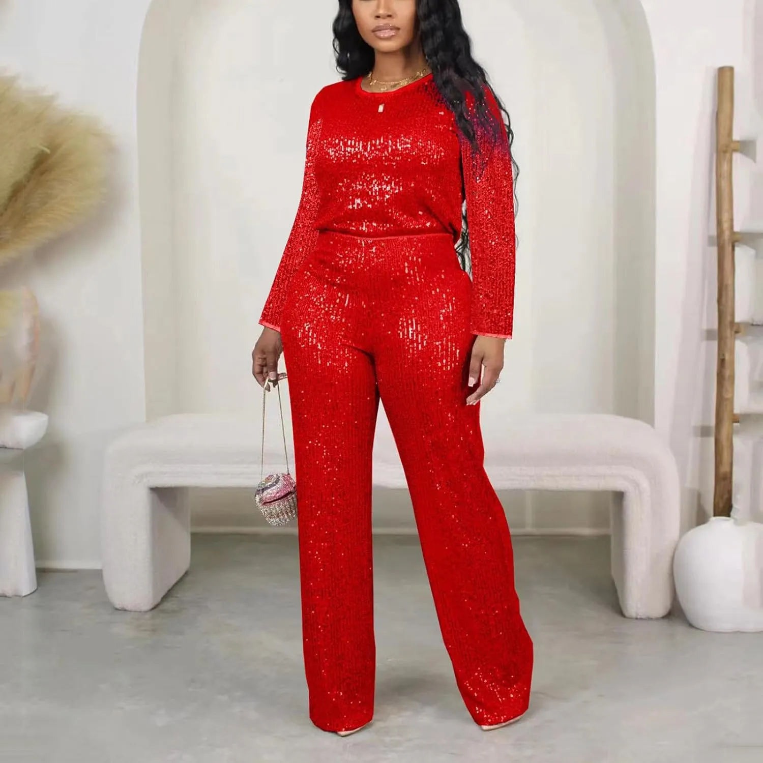Women's Evening Sparkly 2 Piece Outfit Long Sleeve Party Sequins Tops and High Waisted Wide Leg Pants Suit