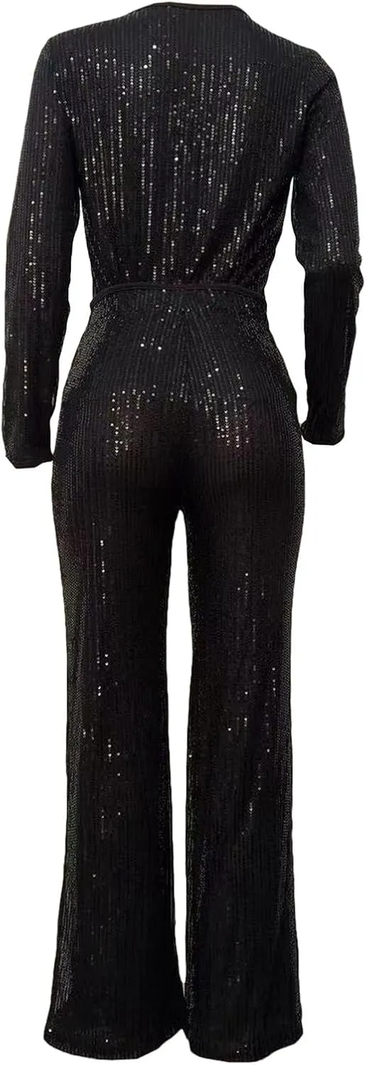Women's Evening Sparkly 2 Piece Outfit Long Sleeve Party Sequins Tops and High Waisted Wide Leg Pants Suit
