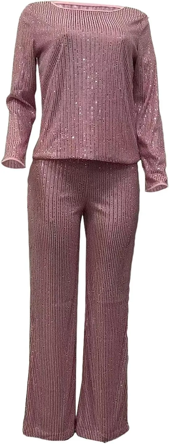 Women's Evening Sparkly 2 Piece Outfit Long Sleeve Party Sequins Tops and High Waisted Wide Leg Pants Suit