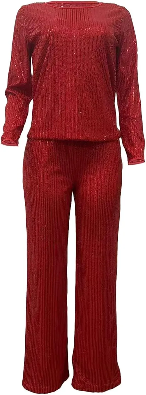 Women's Evening Sparkly 2 Piece Outfit Long Sleeve Party Sequins Tops and High Waisted Wide Leg Pants Suit