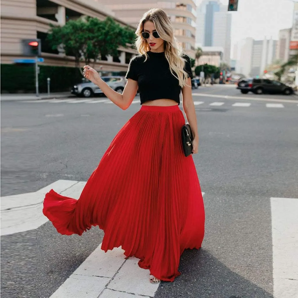 Womens Fashion High Waist Fold Soild Vintage Loose Beach Wrap Maxi Long Skirt Knee Length Knit Skirt