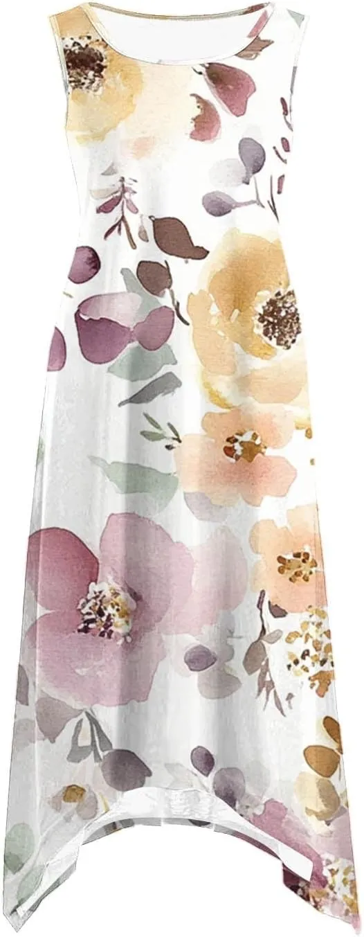 Women's Floral Print Dress Sleeveless Boho Maxi A-Line Sundress Lightweight Summer Beach Dresses Wedding Guest Outfit