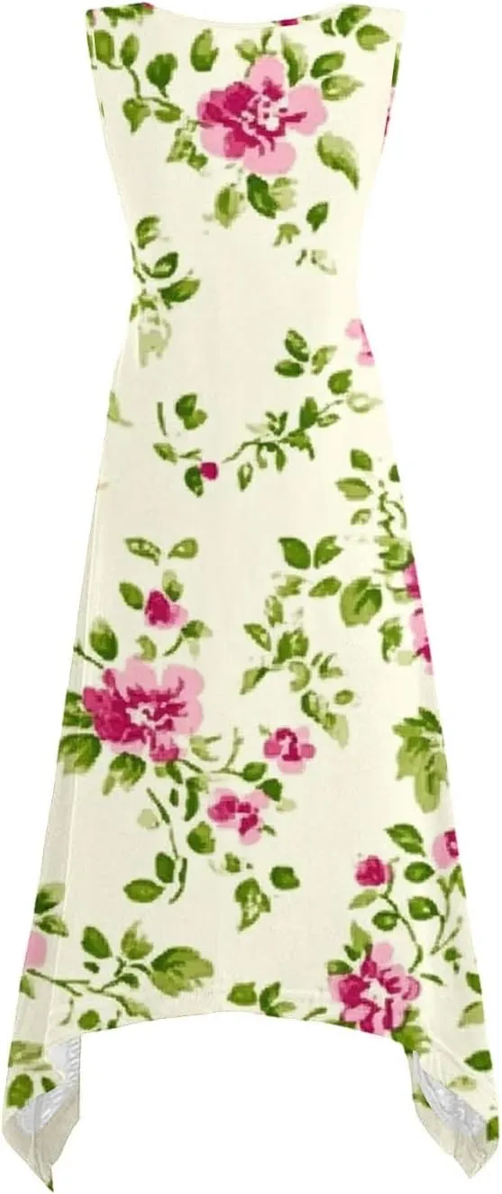 Women's Floral Print Dress Sleeveless Boho Maxi A-Line Sundress Lightweight Summer Beach Dresses Wedding Guest Outfit