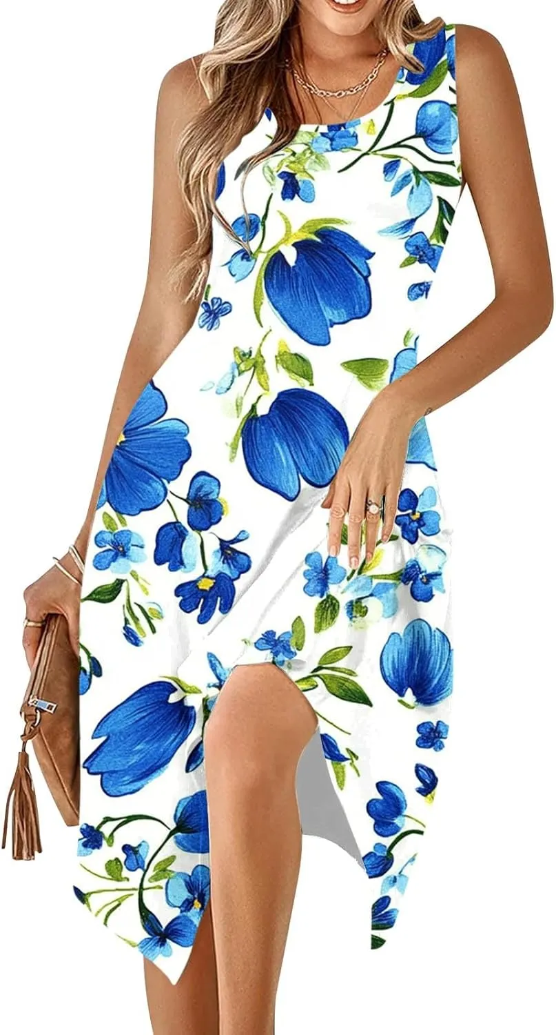 Women's Floral Print Dress Sleeveless Boho Maxi A-Line Sundress Lightweight Summer Beach Dresses Wedding Guest Outfit