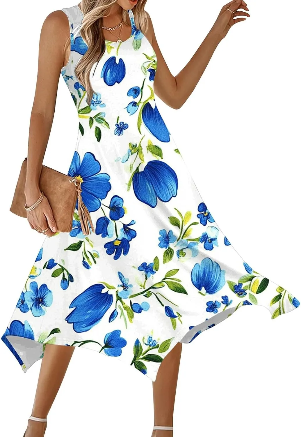 Women's Floral Print Dress Sleeveless Boho Maxi A-Line Sundress Lightweight Summer Beach Dresses Wedding Guest Outfit