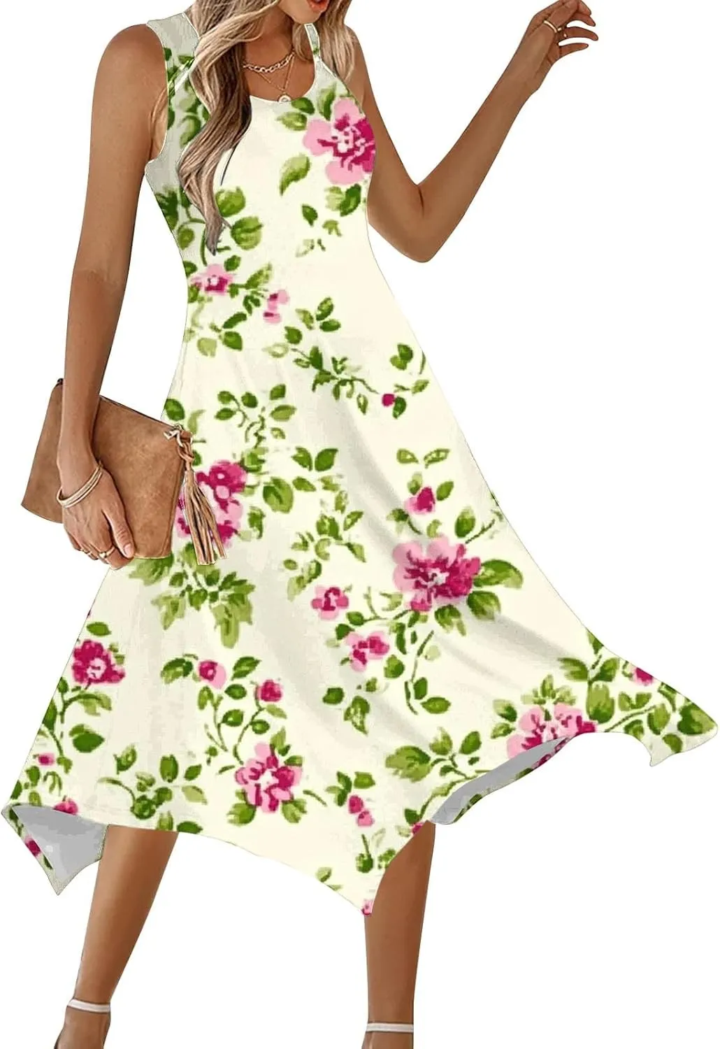 Women's Floral Print Dress Sleeveless Boho Maxi A-Line Sundress Lightweight Summer Beach Dresses Wedding Guest Outfit