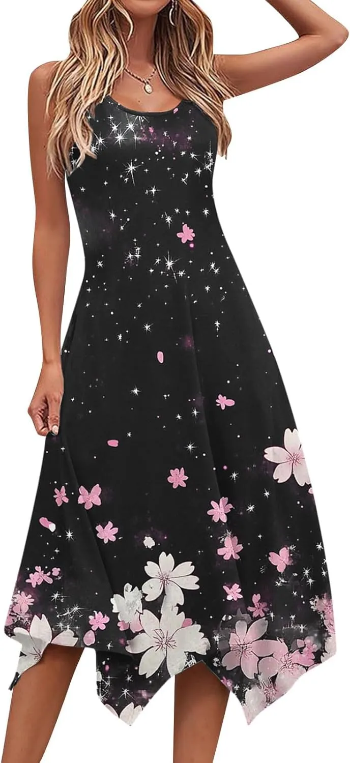 Women's Floral Print Dress Sleeveless Boho Maxi A-Line Sundress Lightweight Summer Beach Dresses Wedding Guest Outfit
