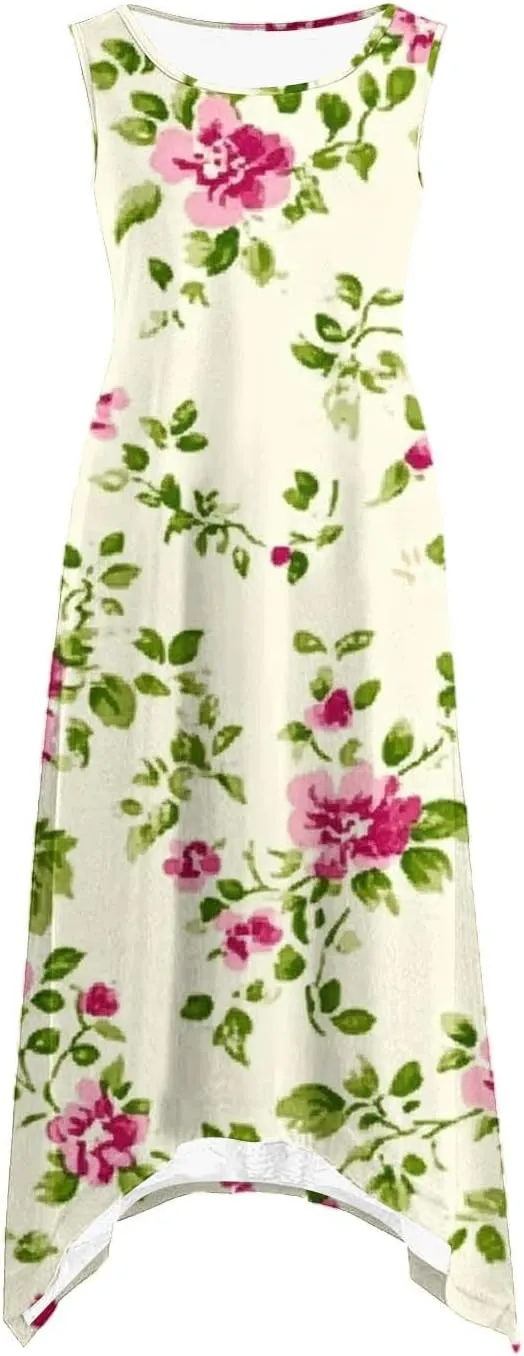 Women's Floral Print Dress Sleeveless Boho Maxi A-Line Sundress Lightweight Summer Beach Dresses Wedding Guest Outfit