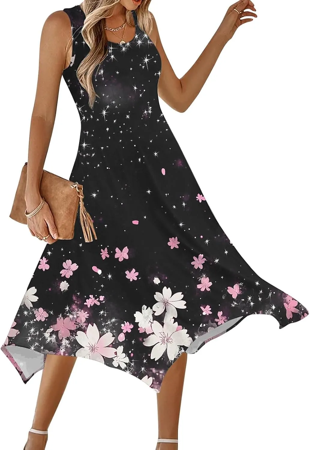 Women's Floral Print Dress Sleeveless Boho Maxi A-Line Sundress Lightweight Summer Beach Dresses Wedding Guest Outfit
