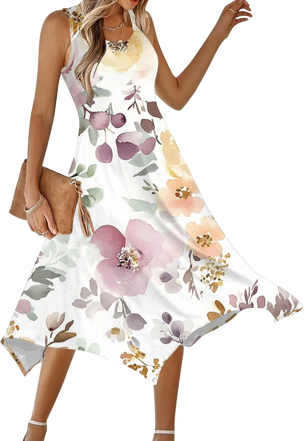 Women's Floral Print Dress Sleeveless Boho Maxi A-Line Sundress Lightweight Summer Beach Dresses Wedding Guest Outfit