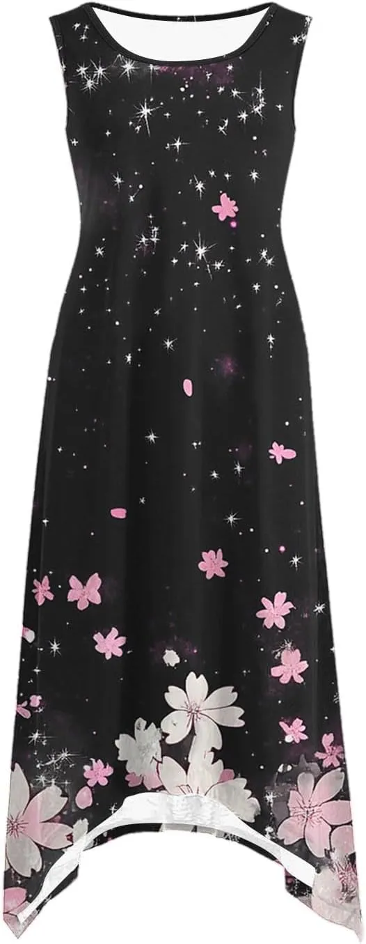Women's Floral Print Dress Sleeveless Boho Maxi A-Line Sundress Lightweight Summer Beach Dresses Wedding Guest Outfit