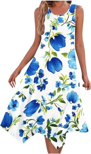 Women's Floral Print Dress Sleeveless Boho Maxi A-Line Sundress Lightweight Summer Beach Dresses Wedding Guest Outfit