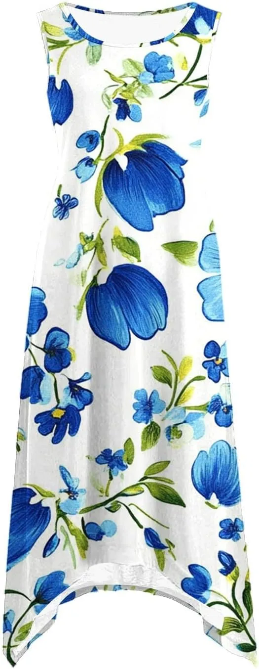 Women's Floral Print Dress Sleeveless Boho Maxi A-Line Sundress Lightweight Summer Beach Dresses Wedding Guest Outfit