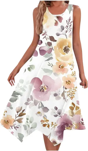 Women's Floral Print Dress Sleeveless Boho Maxi A-Line Sundress Lightweight Summer Beach Dresses Wedding Guest Outfit
