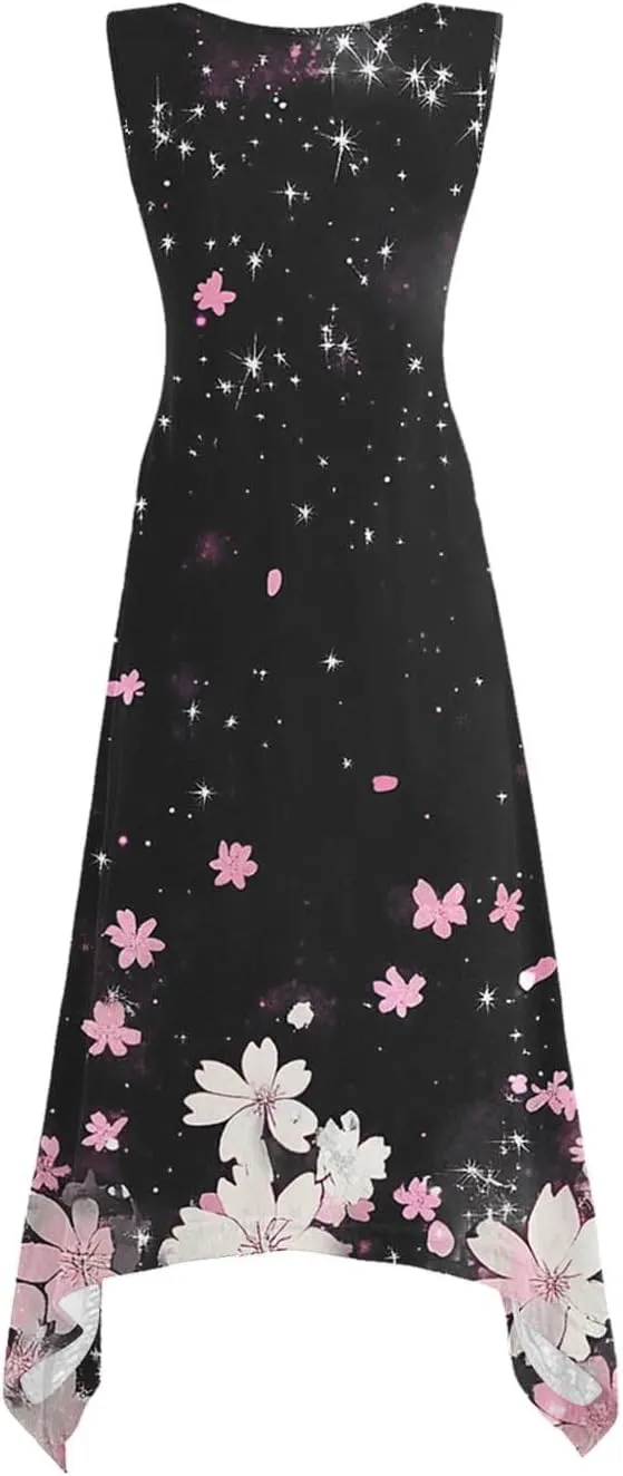 Women's Floral Print Dress Sleeveless Boho Maxi A-Line Sundress Lightweight Summer Beach Dresses Wedding Guest Outfit