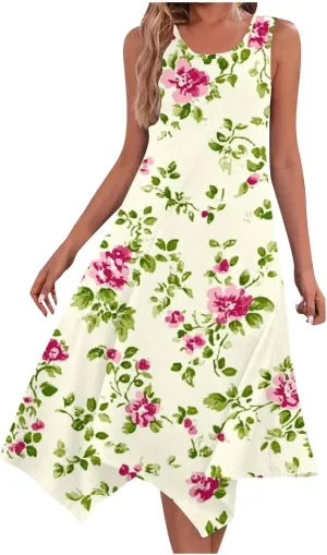 Women's Floral Print Dress Sleeveless Boho Maxi A-Line Sundress Lightweight Summer Beach Dresses Wedding Guest Outfit