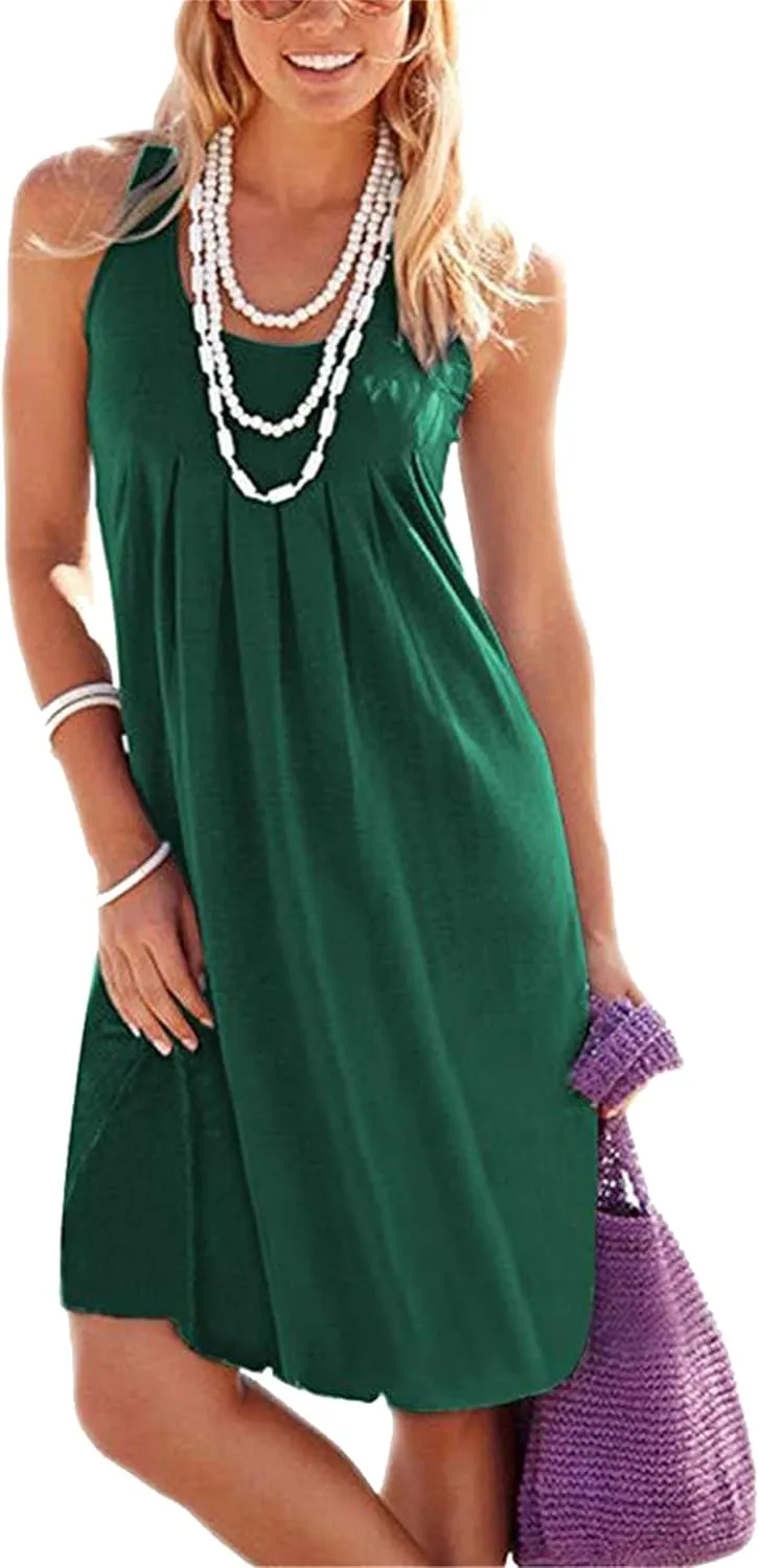 Women's Floral Print Swing Tank Dress Crew Neck Cinched Waist Sundress Lightweight Dressy Midi Dresses