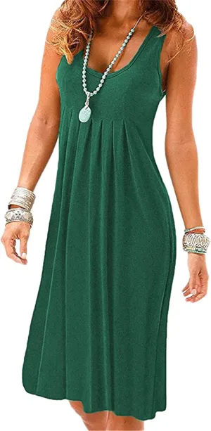 Women's Floral Print Swing Tank Dress Crew Neck Cinched Waist Sundress Lightweight Dressy Midi Dresses