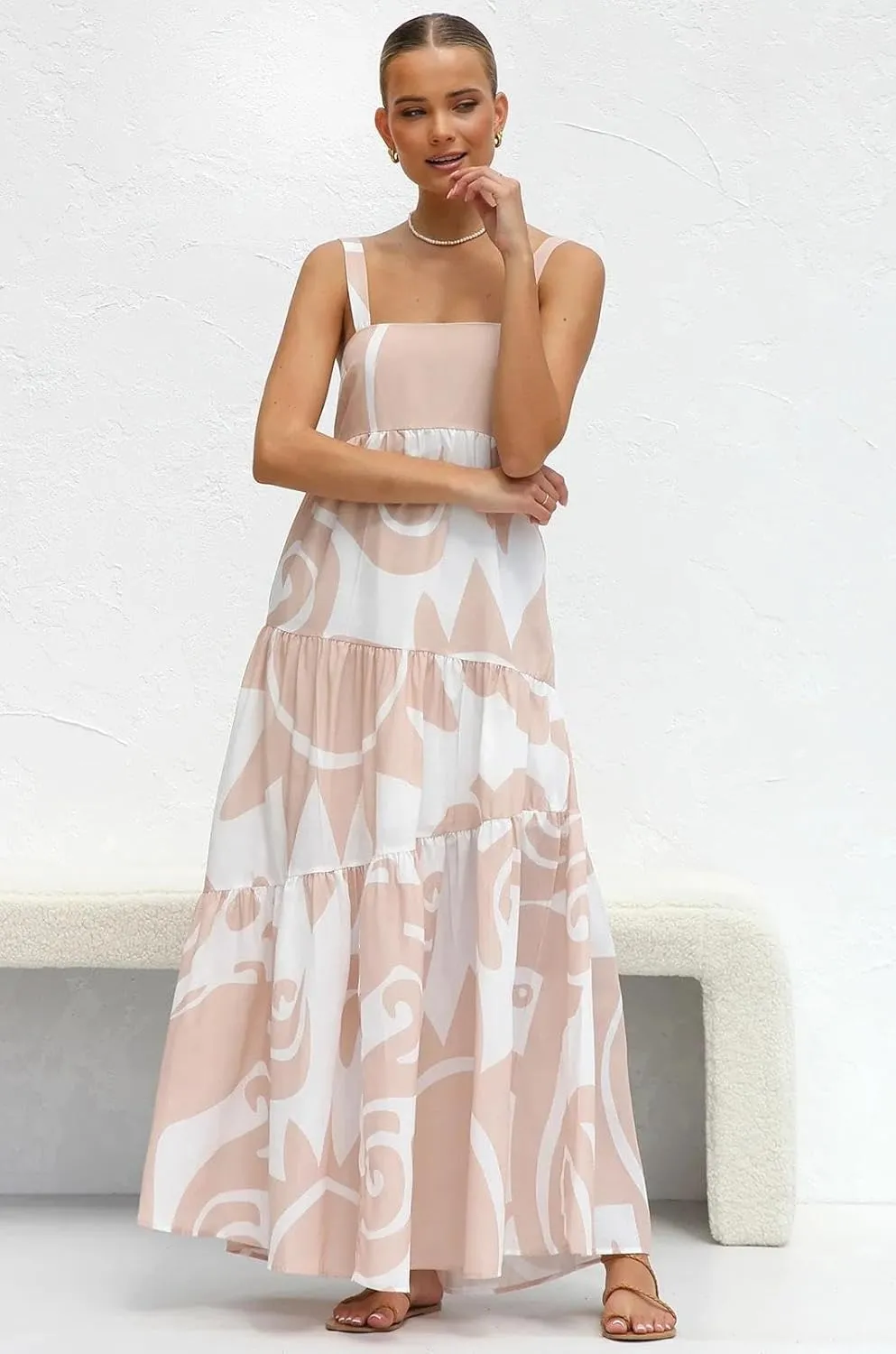 Women's Flowy Maxi Sundress, Sleeveless Abstract Print Dress, Black/Blue/Beige & White, Summer Beach