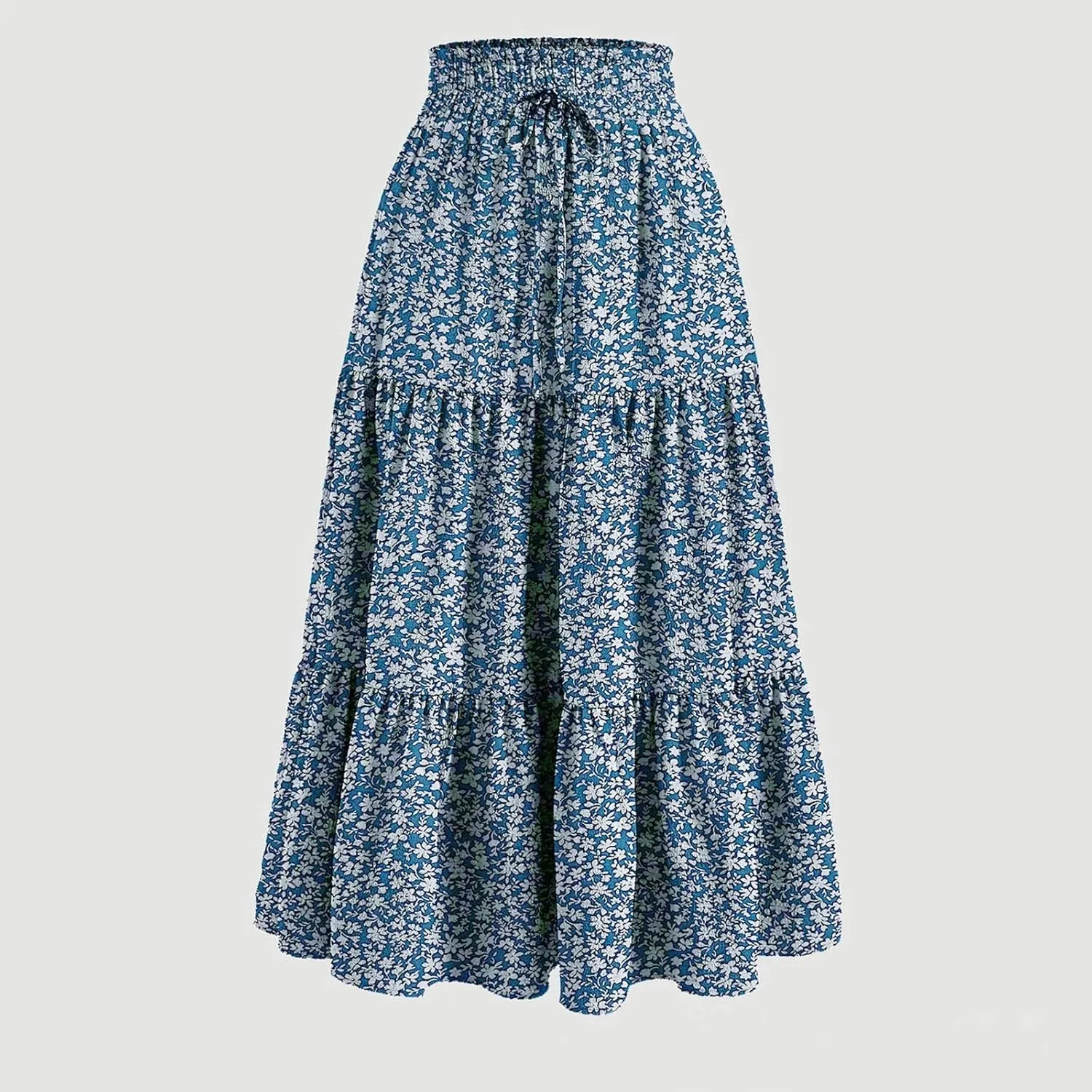 Womens High Elastic Waist Midi Skirt Summer Flowy Ruffle Pleated A line Skirts Lightweight Boho Tiered Skirt