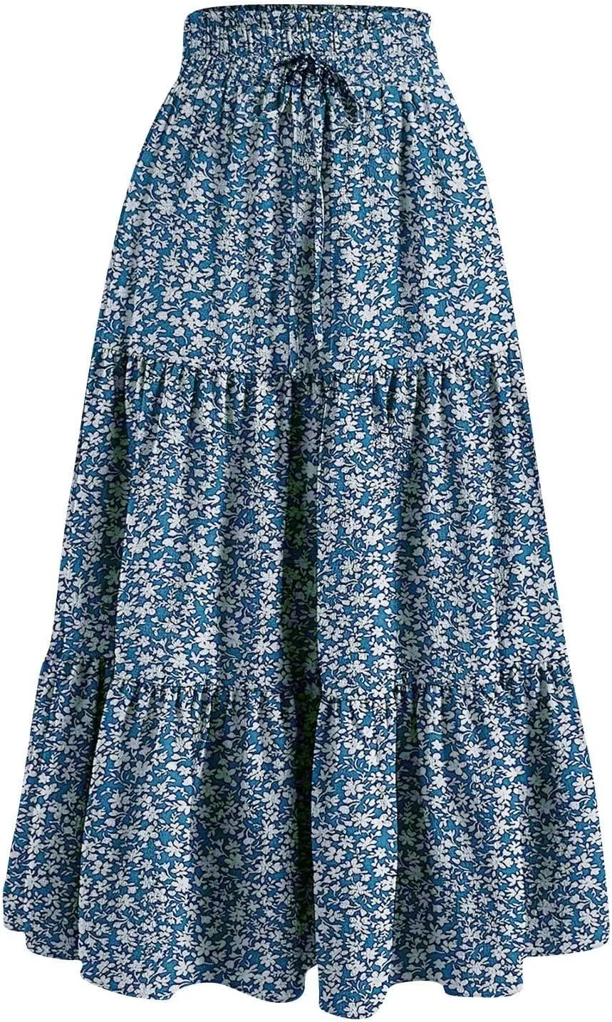 Womens High Elastic Waist Midi Skirt Summer Flowy Ruffle Pleated A line Skirts Lightweight Boho Tiered Skirt